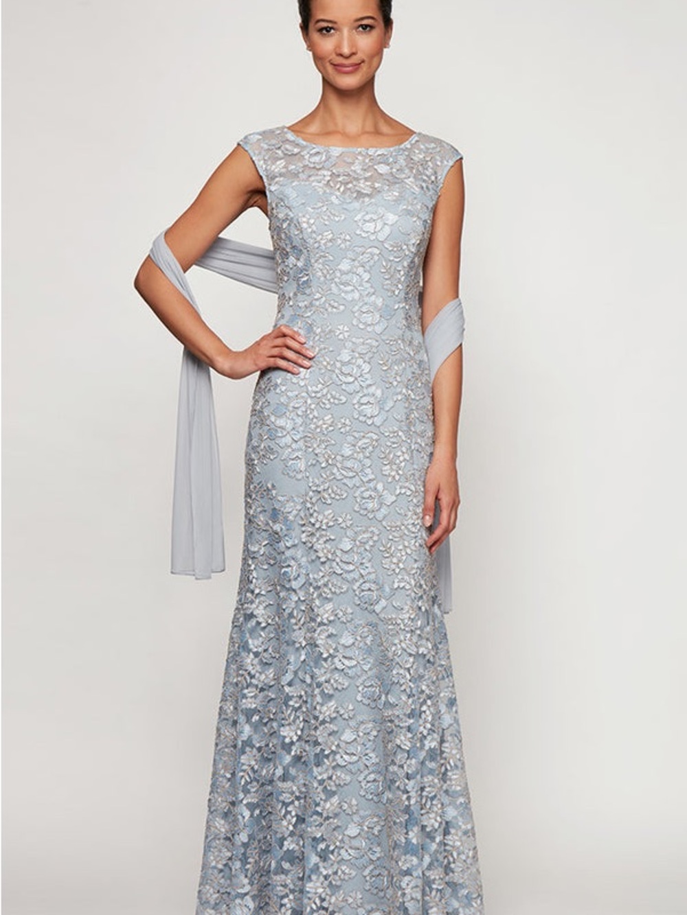 EMBROIDERED FIT & FLARE DRESS WITH ILLUSION NECKLINE AND SHAWL